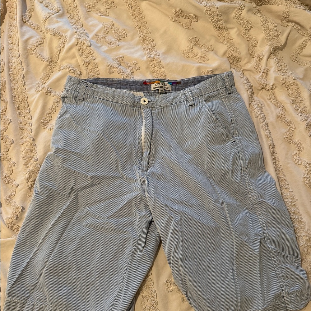 White and Blue striped flat front men’s shorts